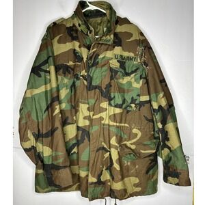 US Army M65 Field Jacket Woodland Camo Distressed Military Coat Mens Large Vtg